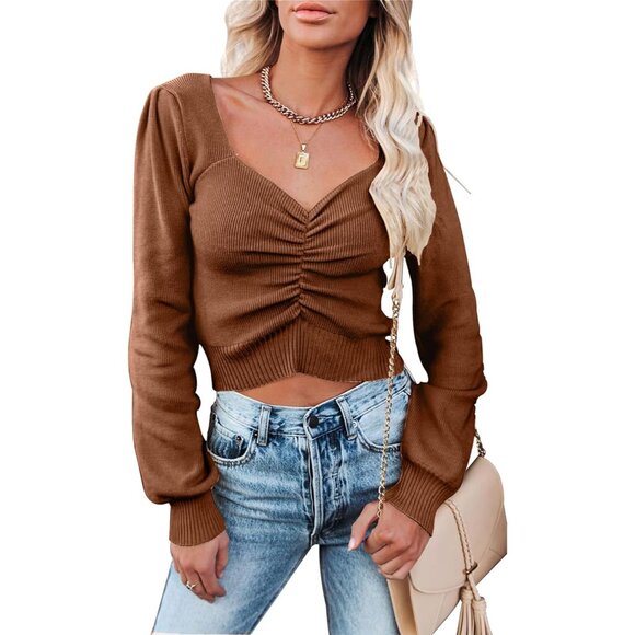 Sweaters - Long Sleeve Cropped Sweater Women Off Shoulder V Neck Ruched Ribbed Knit